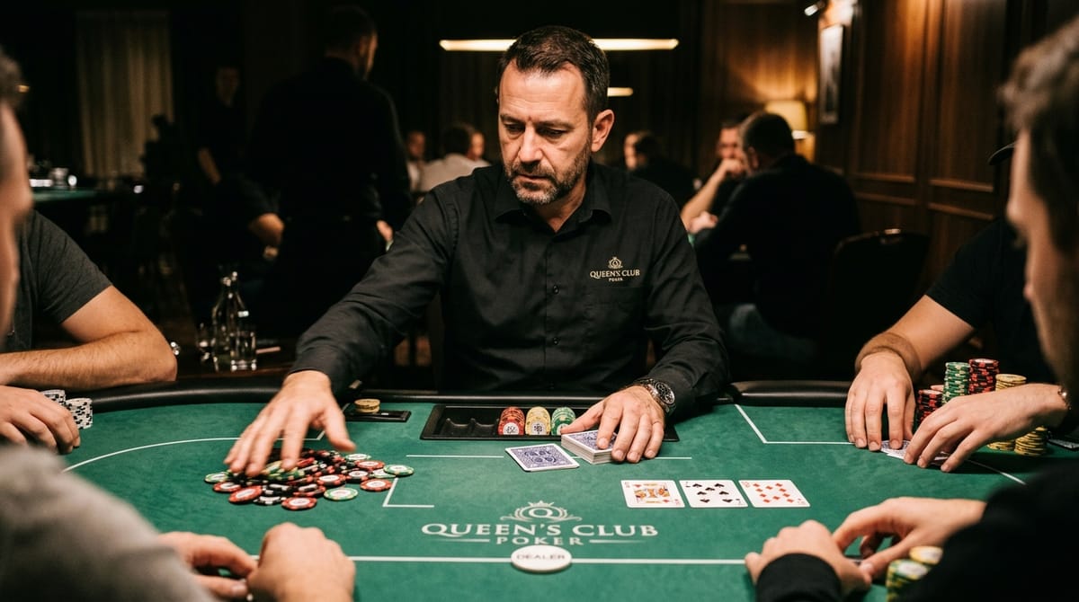 Dealer profissional distribuindo as cartas na mesa