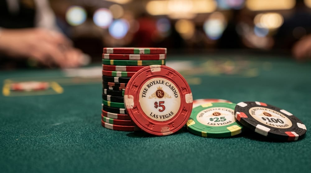 Fichas e pano da mesa de poker da sala