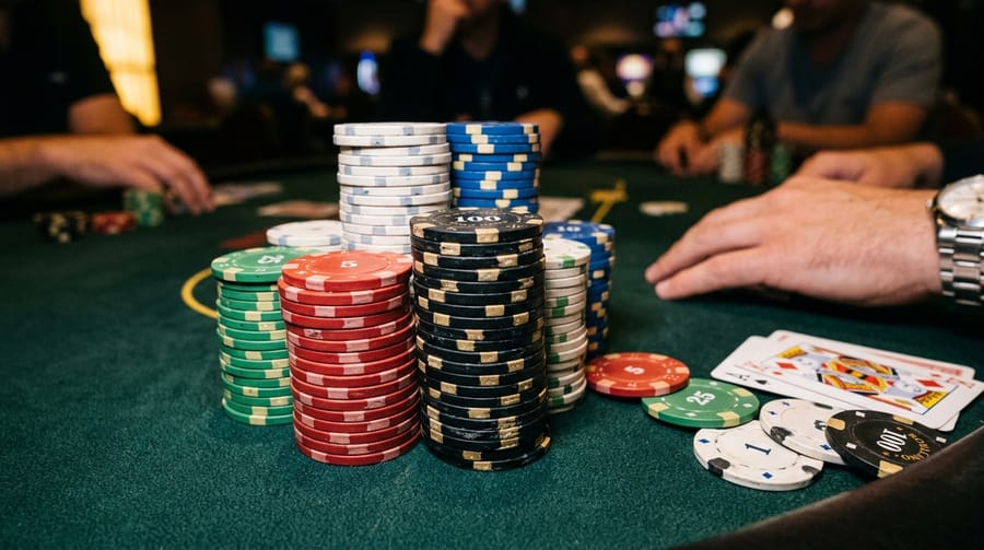 Stacks de fichas e cartas sobre a mesa durante a mão