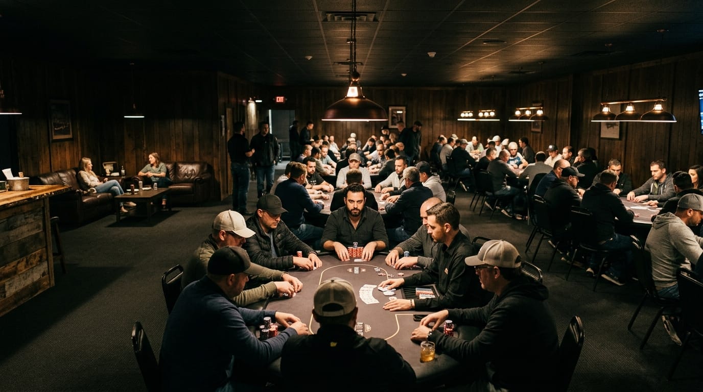 Sala de poker com mesas ocupadas em noite de cash game