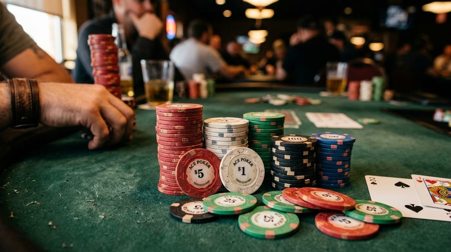 Mesa de cash game em andamento com jogadores ao fundo